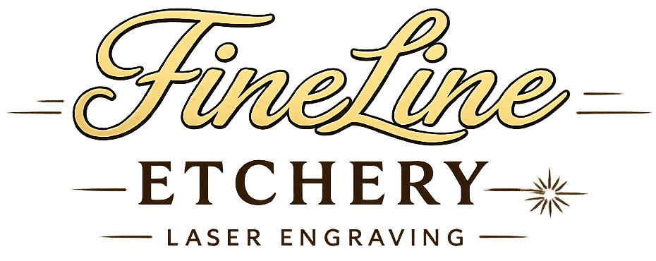 FineLine Etchery custom laser engraving logo for wood, glass, leather, and personalized gifts
